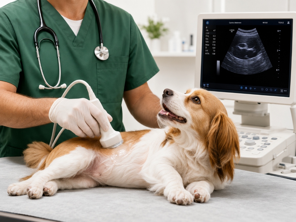 Médico-veterinário realizando exame de ultrassom em cão